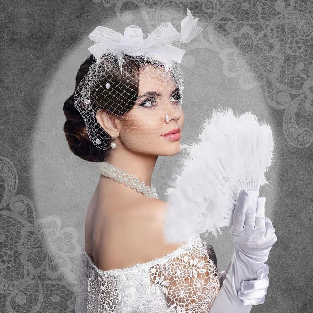 Women Halloween Costume Accessories Set Vintage Tea Party Hat Gloves Veil